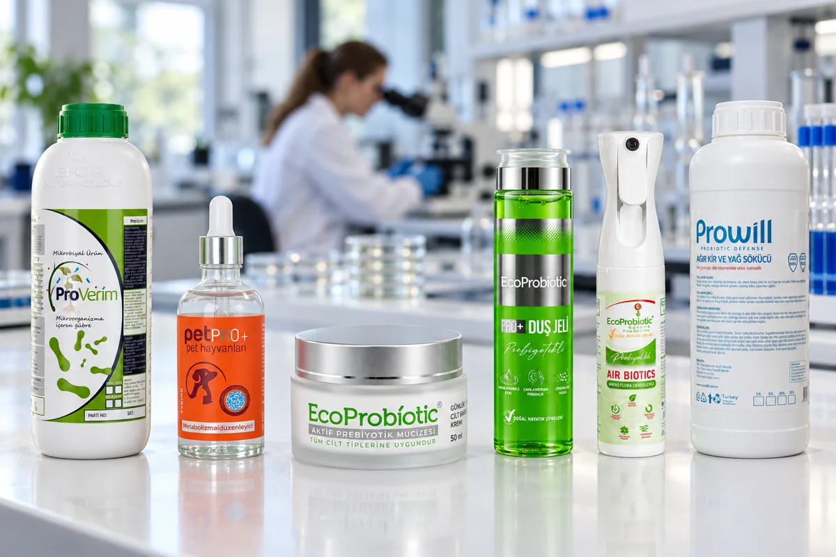 Proverim, Vetorin, EcoProbiotic ve Prowill ürünleri laboratuvar tezgâhında